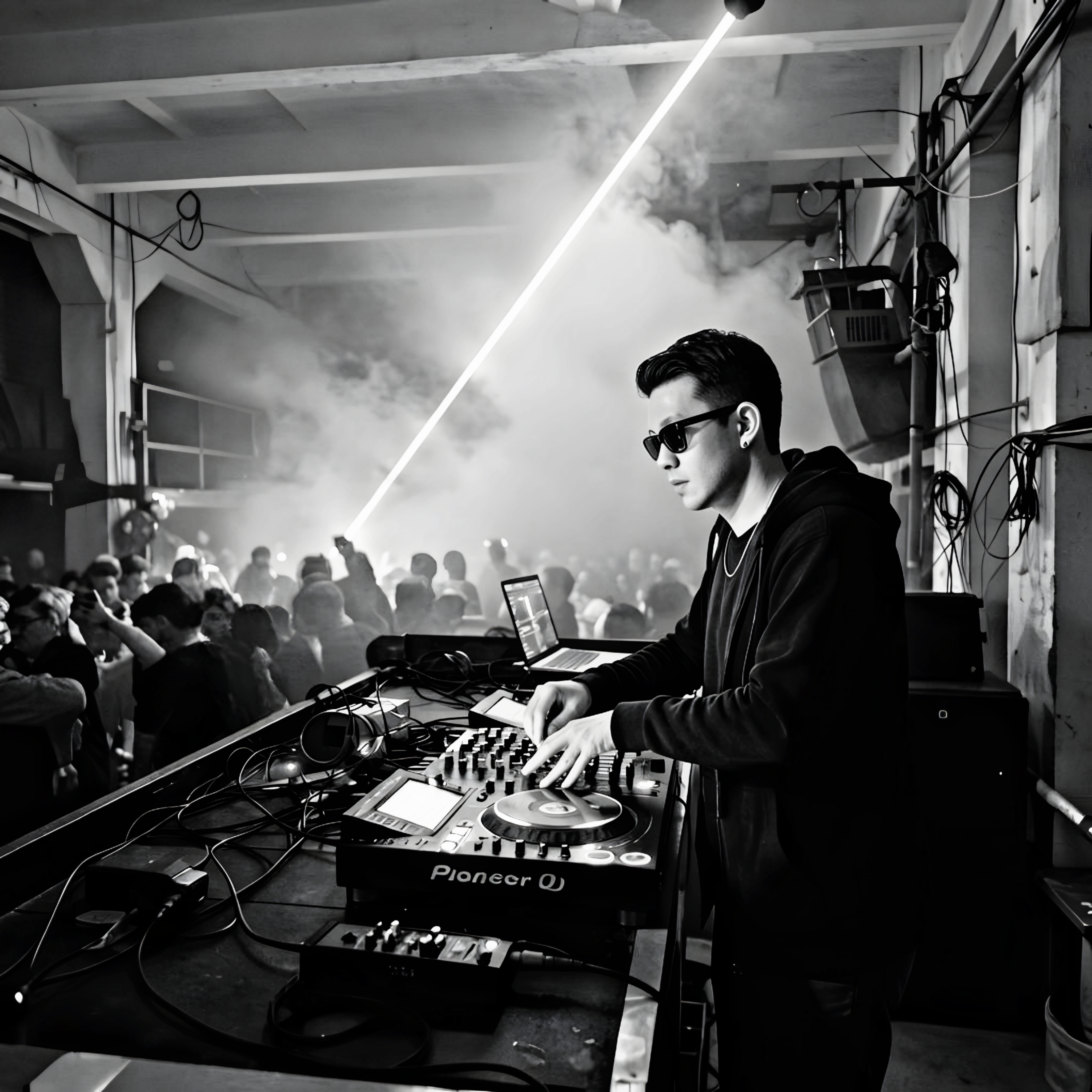 Endru Van performing behind a CDJ setup in a fog-filled warehouse