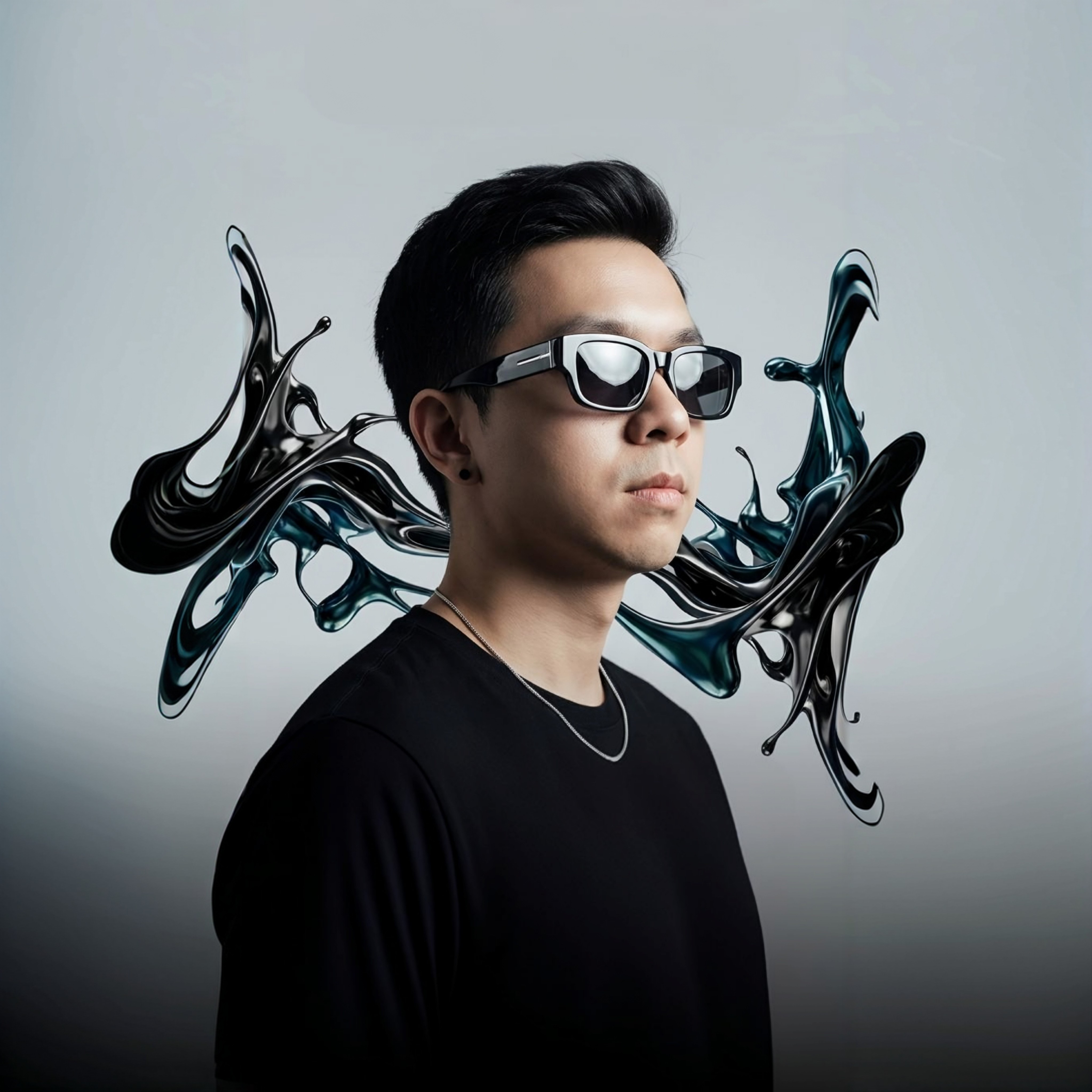 Portrait of Endru Van in the studio lit by a single cold monitor glow